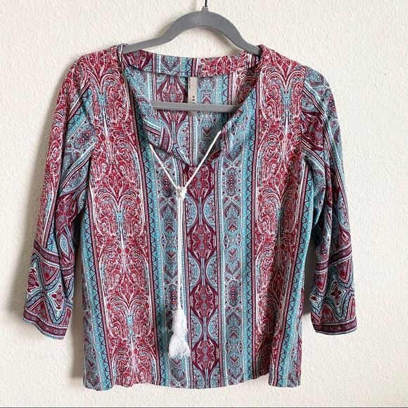 ENTRO Tassel Neck Handkerchief Print Blouse S - Picture 1 of 4